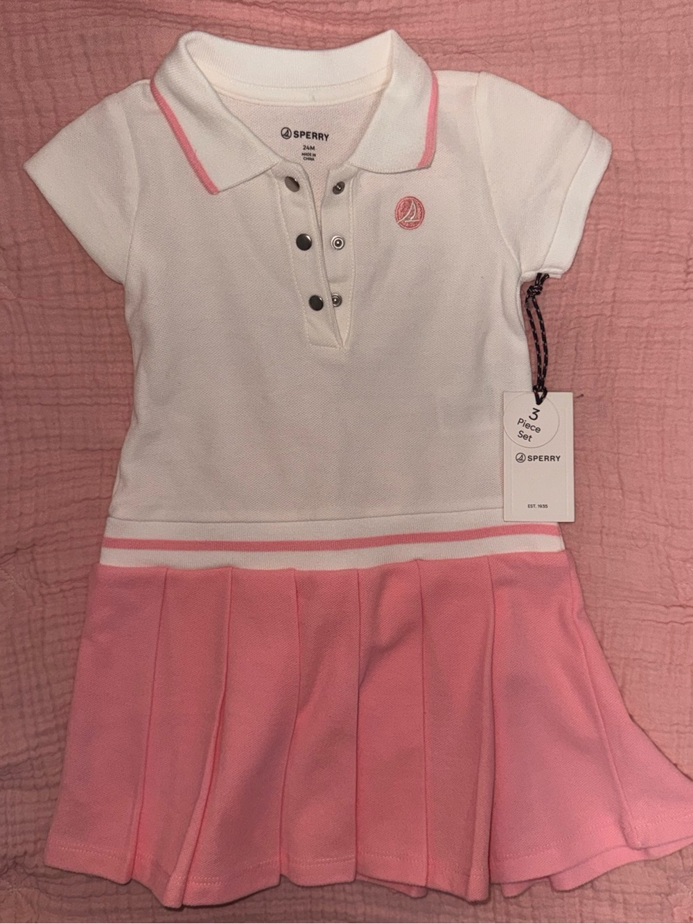 Sperry White and Pink Girls' Polo Dress with Pleated Skirt